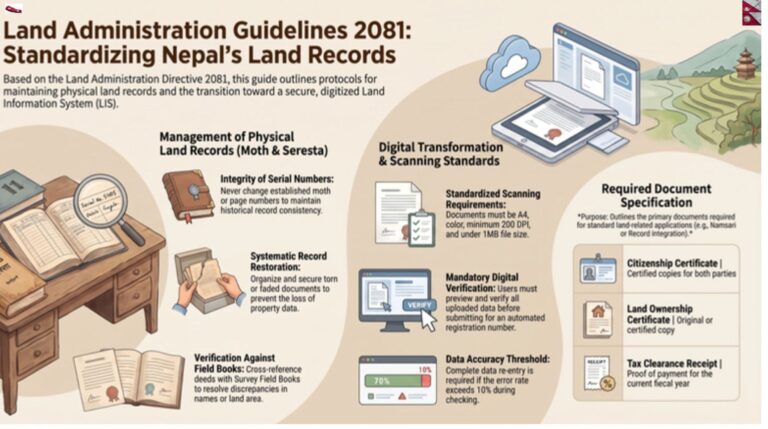 Infographic listing required documents for duplicate Lalpurja, property ownership transfer, and inheritance-based land transfer according to the Nepal Land Administration Directive 2081.