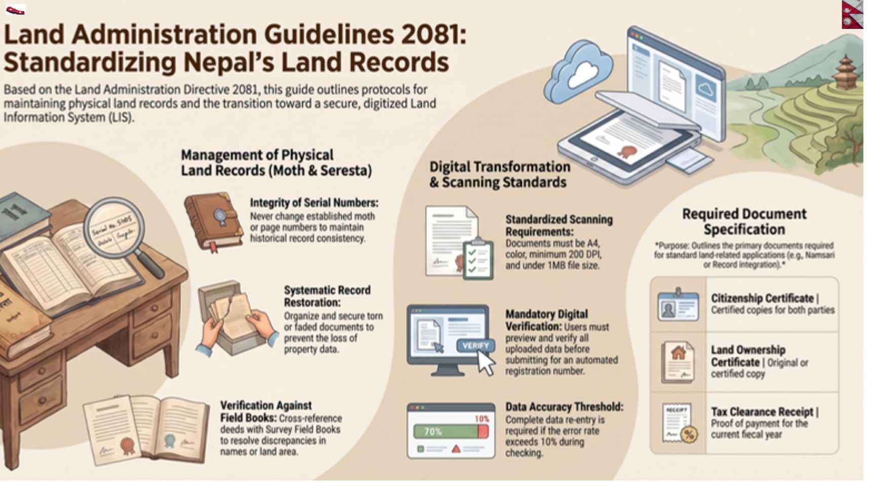 Infographic listing required documents for duplicate Lalpurja, property ownership transfer, and inheritance-based land transfer according to the Nepal Land Administration Directive 2081.
