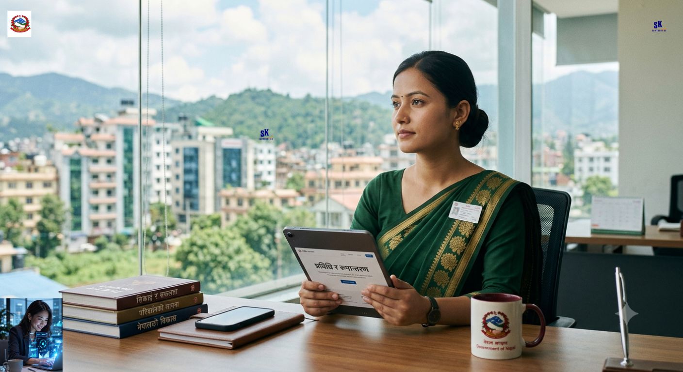 A young professional Nepali civil servant holding a digital tablet in an office, representing the one decision that changed everything between two colleagues in a government job.