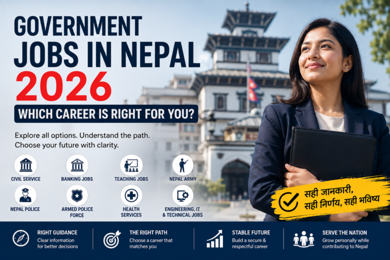 Government jobs in Nepal 2026 career guide showing different public-sector career paths including civil service, banking, teaching, Nepal Army, Police, health, engineering and IT.
