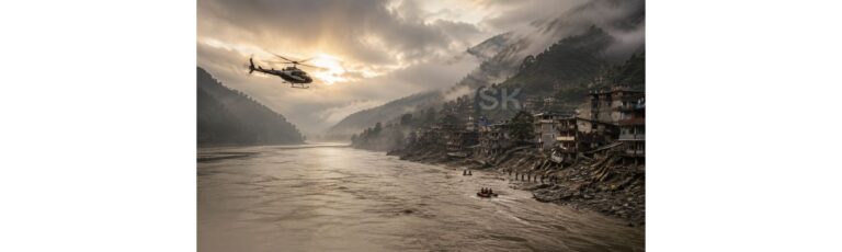 Search and rescue helicopter over Rasuwa flood-affected valley, Nepal