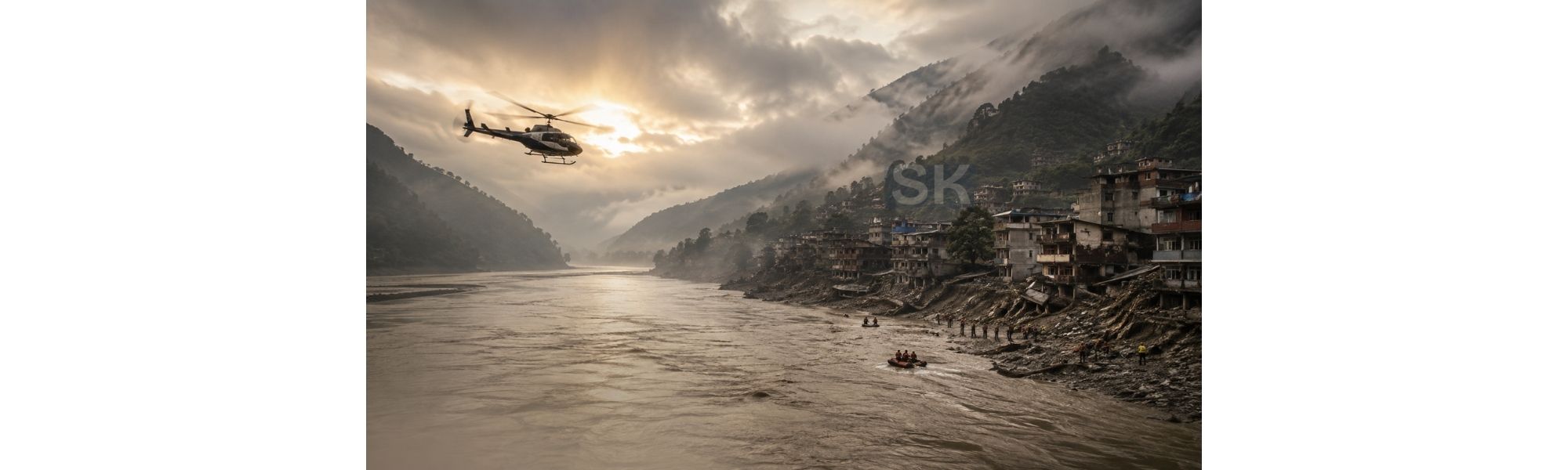 Search and rescue helicopter over Rasuwa flood-affected valley, Nepal