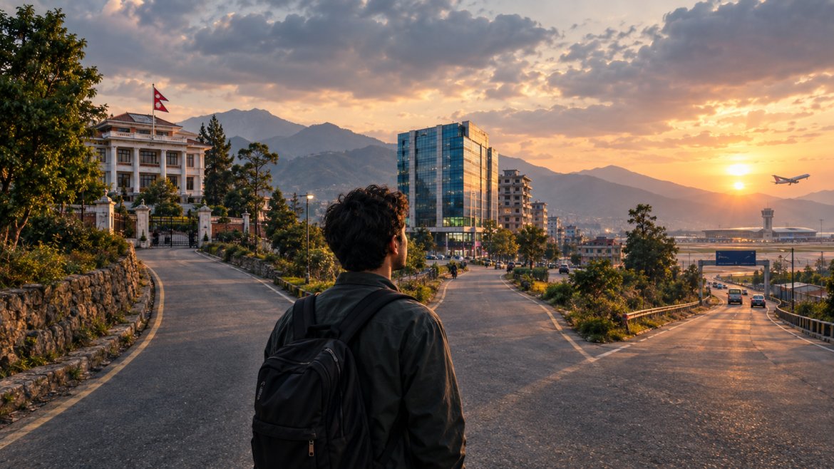 Government job vs private job vs abroad Nepal — young person at a career crossroads