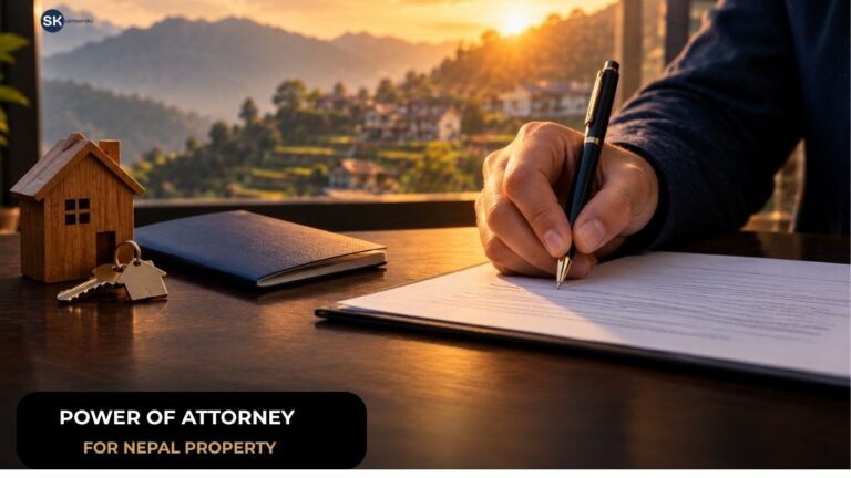 Power of attorney Nepal: hand signing a document beside a house key and passport, with a Nepali hillside behind