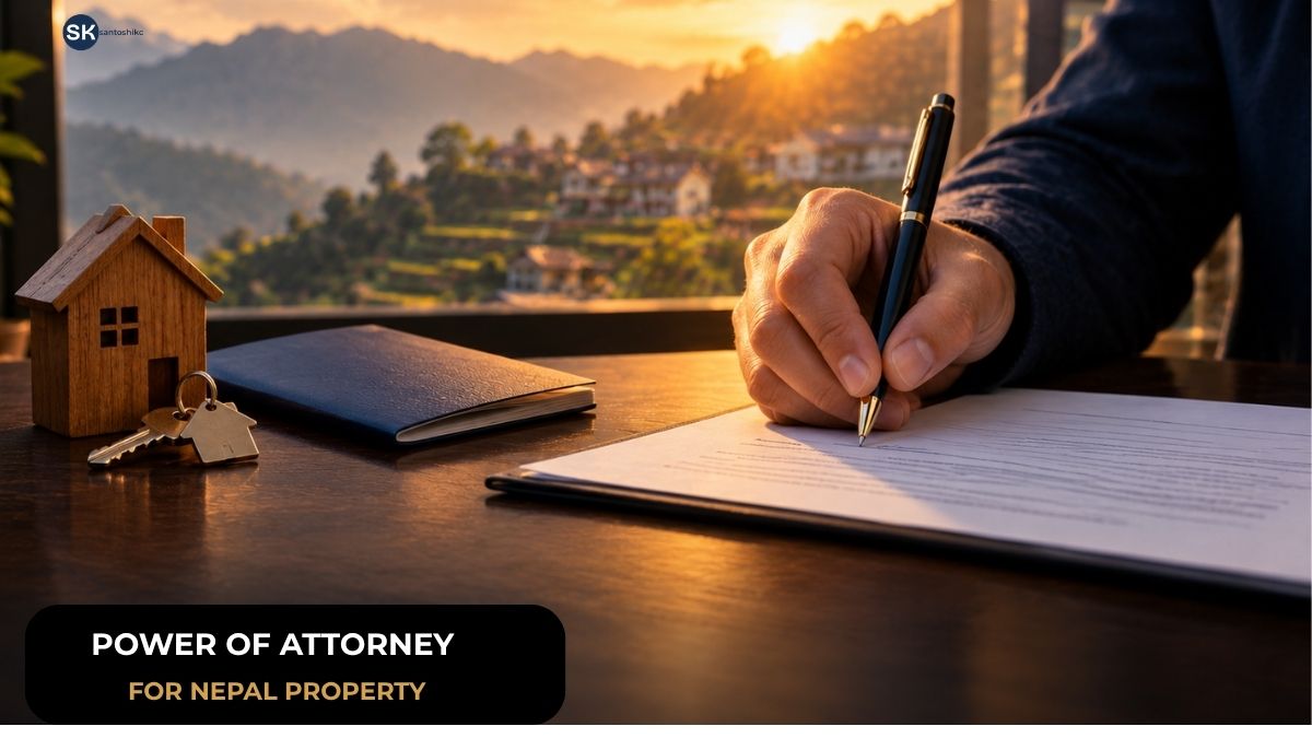 Power of attorney Nepal: hand signing a document beside a house key and passport, with a Nepali hillside behind